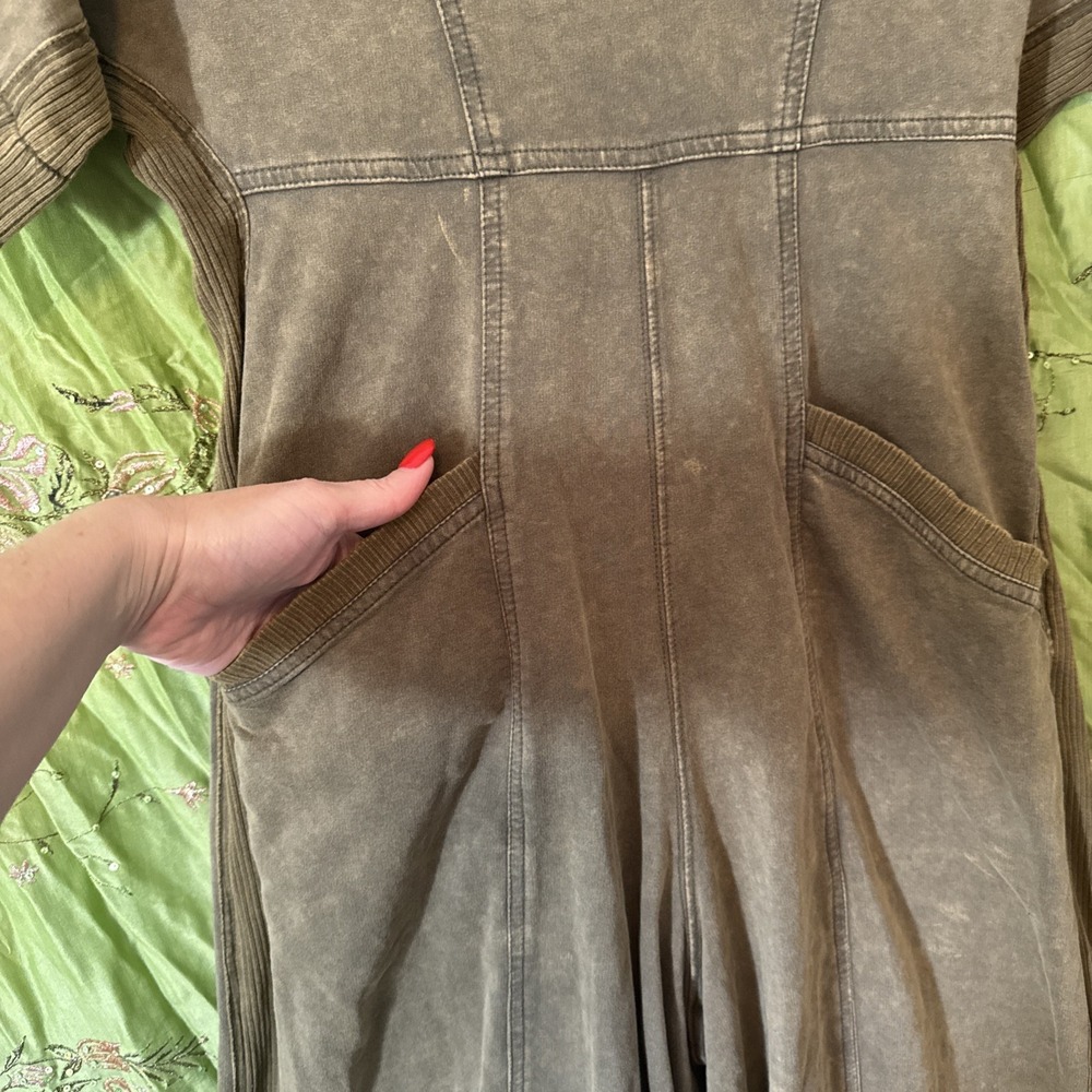 BiBi Jumpsuit Wide Leg Bohemian 100% Cotton Short Sleeve Olive Green Size Small - Picture 3 of 13